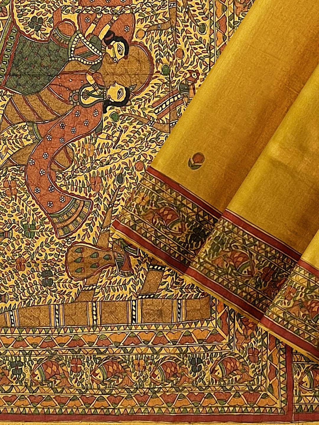 Hand-Painted Radha Krishna Jhulan Madhubani Saree